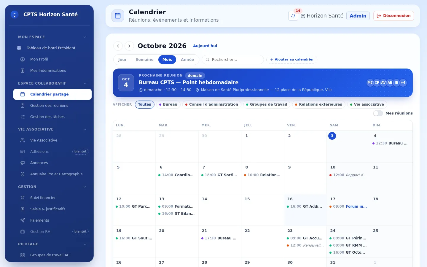 Calendrier partagé : réunions et événements de la CPTS