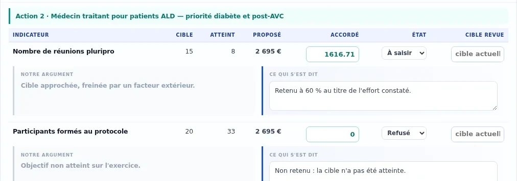 Extrait de l'écran de séance du dialogue de gestion