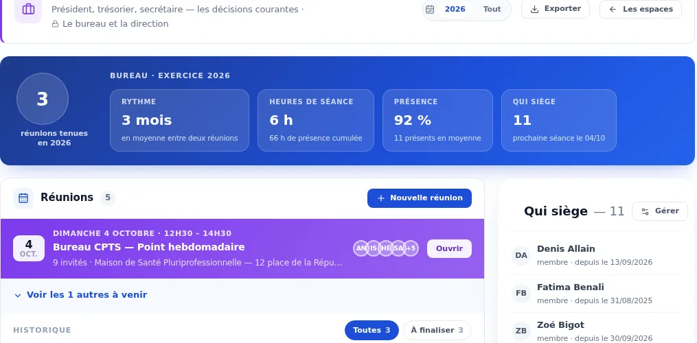 Extrait de l'espace Bureau de la plateforme